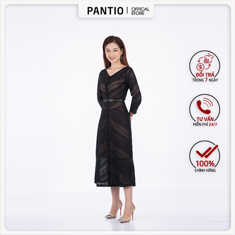 Đầm công sở chất liệu ren lưới dáng xòe cổ tim FDC92858 - PANTIO