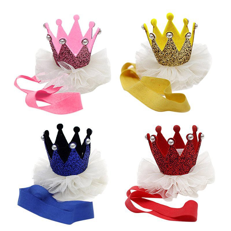 Băng đô co giãn đính vương miện/ngọc trai phối lưới xinh xắn cho bé