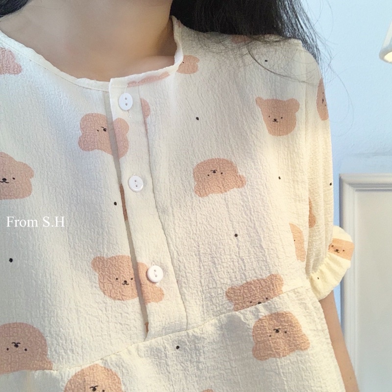 [ Ảnh thật ] Bộ ngủ pijama cộc dáng babydoll chất đũi xốp in hình cute | BigBuy360 - bigbuy360.vn