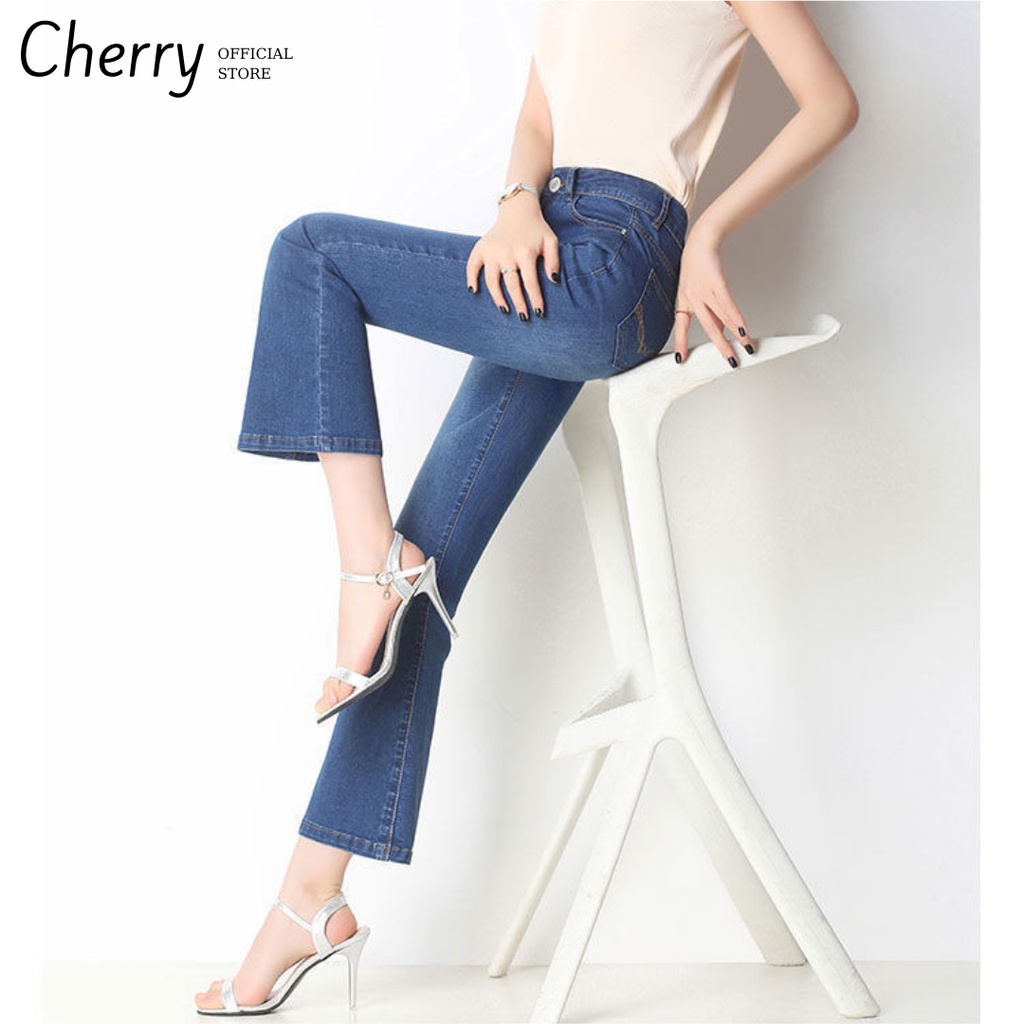Quần jean nữ loe lửng lưng cao co giãn phong cách Hàn Quốc, quần bò nữ ống loe cạp cao chất xịn cao cấp CHERRY T026 | BigBuy360 - bigbuy360.vn