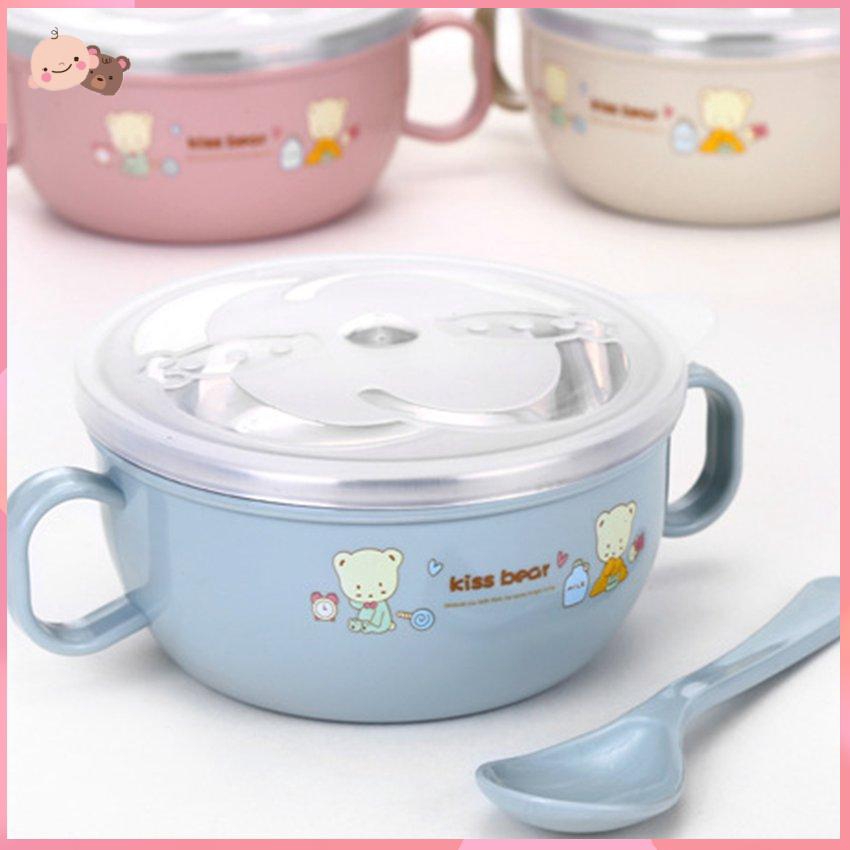 Bát ăn dặm hai quai bằng thép không gỉ có nắp đậy và thìa an toàn cho bé