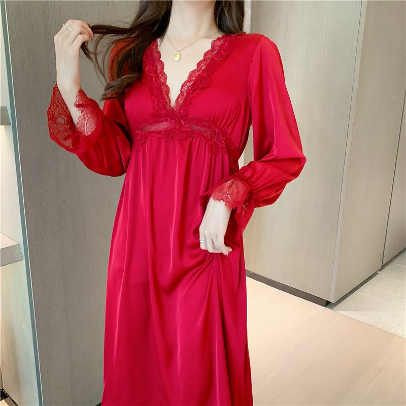 Đầm Ngủ Công Chúa Tay Dài Phối Ren Có Miếng Đệm Ngực Thời Trang Quyến Rũ Cho Nữ