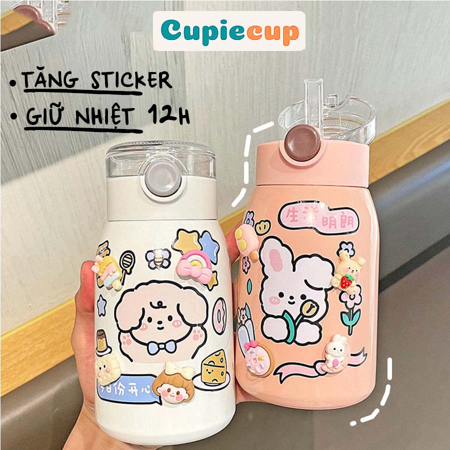 Bình Nước Kèm Ống Hút, Sticker 3D Dễ Thương Phong Cách Hàn Quốc Cho Bé. Người Lớn COC003