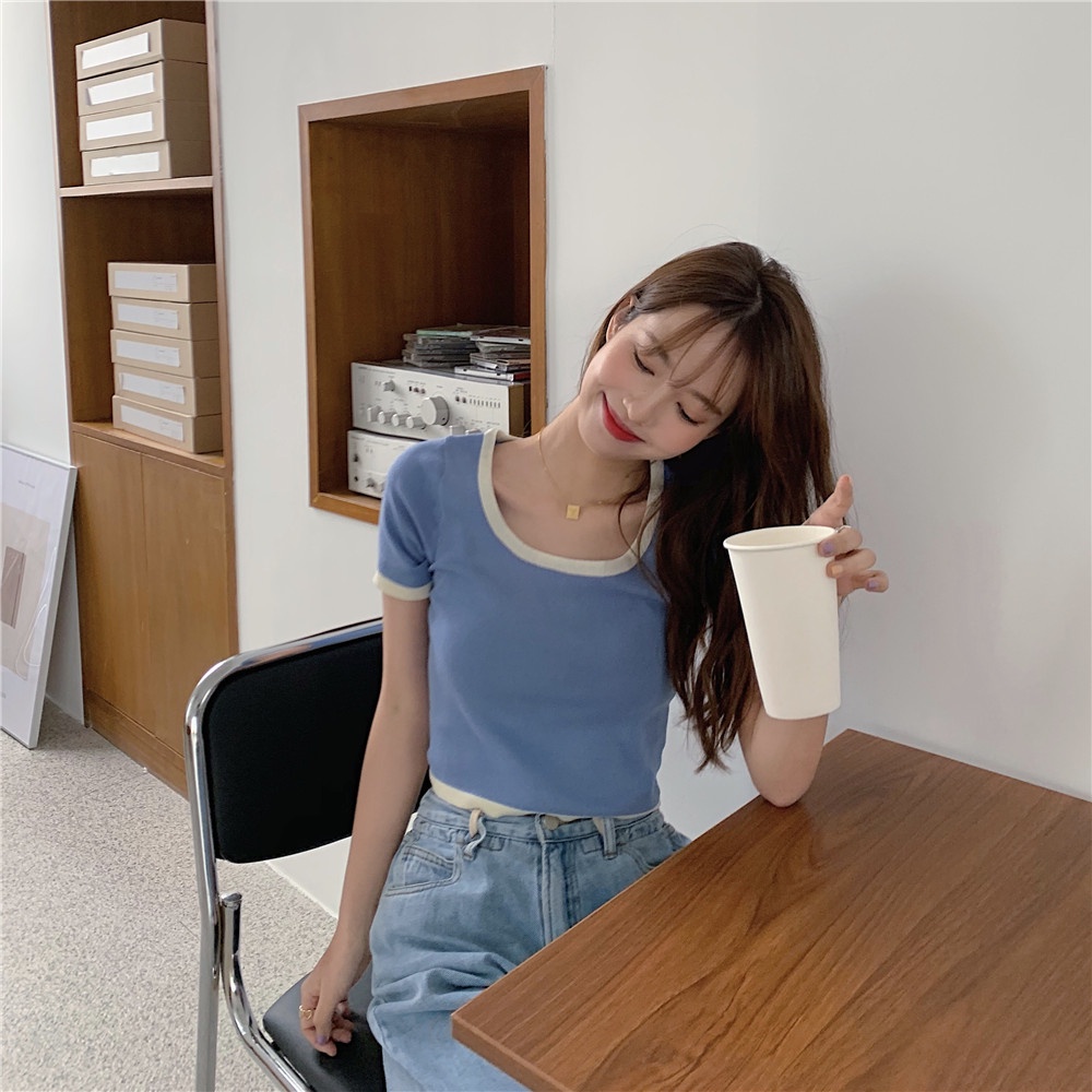 Áo thun nữ ZHELIHANGFEI tay ngắn phối màu trơn thời trang