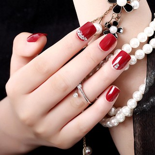 Set 24 móng tay giả màu đỏ đính đá Onni nails thời trang cho nữ + Chai keo