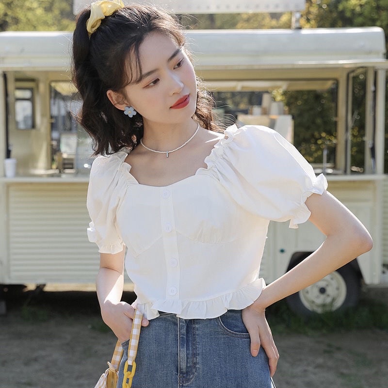 Áo Croptop nữ tay ngắn phối bèo nhún phong cách Hàn Quốc mã QD095