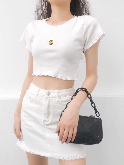 ❤Áo Croptop Biên Thuê Hoa Mặt Cười Siêu Hot❤️ chất thun gân mềm mịn, free size dưới 55kg vừa