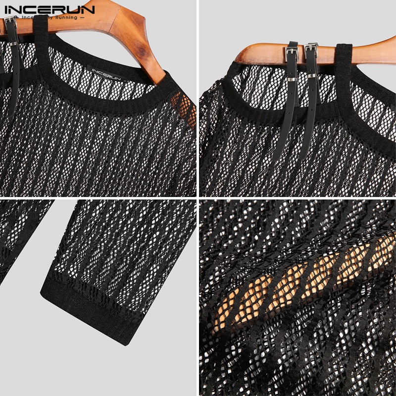 Áo thun INCERUN tay dài cổ tròn xuyên thấu thời trang tùy chọn màu sắc dành cho nam