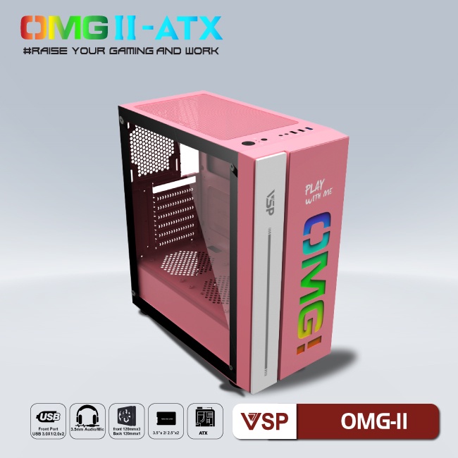 Vỏ máy tính Case VSP OMG II ATX LED Gaming (HỒNG) - Hãng phân phối