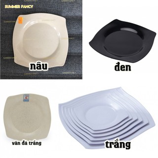 dĩa vuông cạn 15.6cm đen bóng, nâu kem, trắng trơn, vân đá gia đình melamine cao cấp - Plate dish DVC06