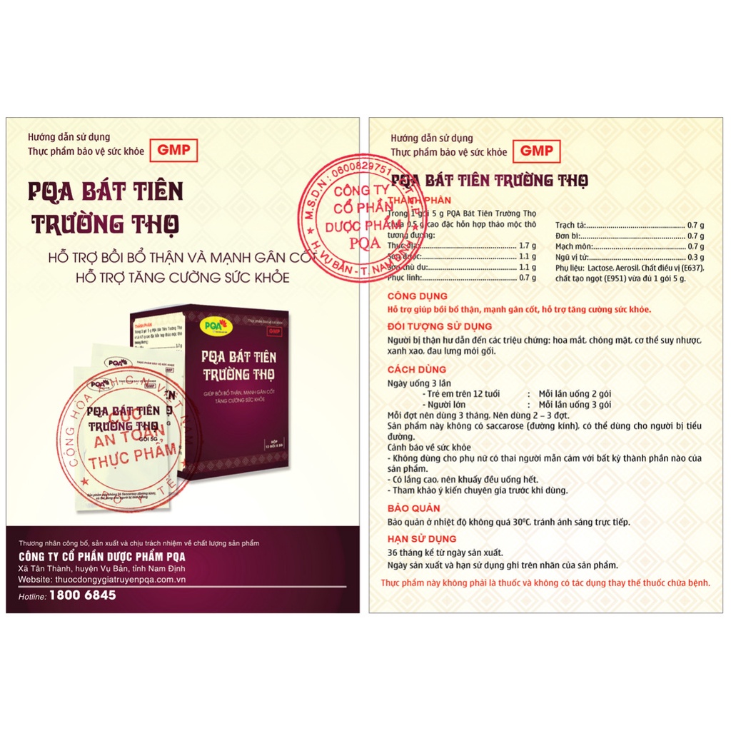 Bát Tiên Trường Thọ PQA Giúp Bổ Thận Âm, Mạnh Gân Cốt Và Tăng Cường Sức Khỏe Hộp 12 Gói