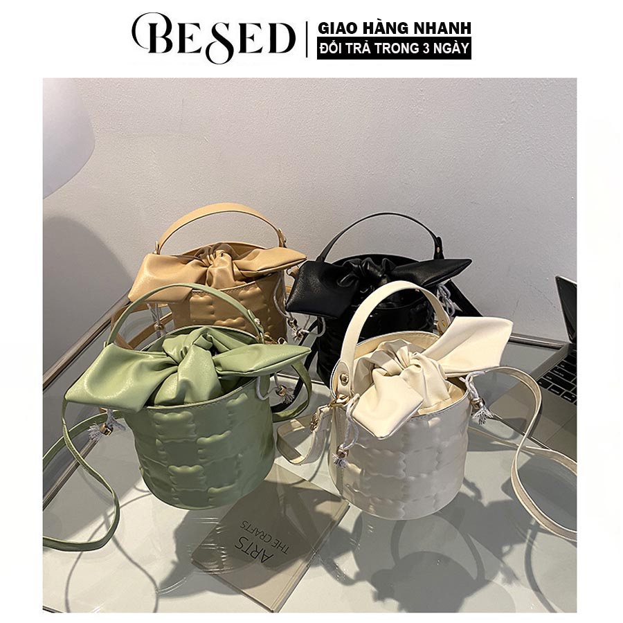 Túi xách nữ đeo chéo hình trụ tròn đẹp sang chảnh dễ thương cá tính da pu cao cấp dáng nơ thời trang đi chơi BESED T047