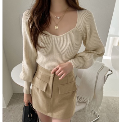 Áo Sweater Dệt Kim Tay Dài Phồng Cổ Vuông Màu Sắc Ngọt Ngào Phong Cách Hàn Quốc Cho Nữ
