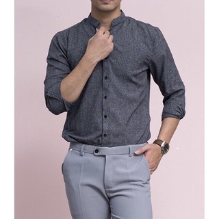 Áo sơ mi nam cổ tàu dài tay chất vải đũi phong cách Hàn Quốc