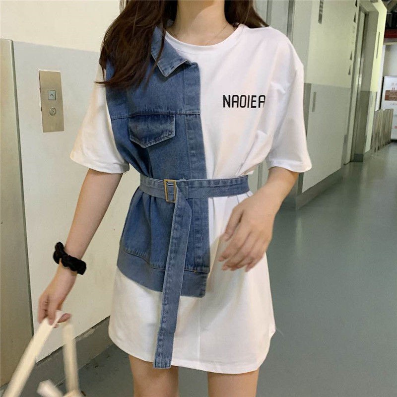 Niche design T-shirt women's 2020 new denim patchwork top women's summer all-matching graceful short sleeve women's ins