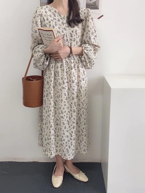 Váy Babydoll Ulzzang cổ tim hoa nhí tay chun ( hình thật, sẵn)