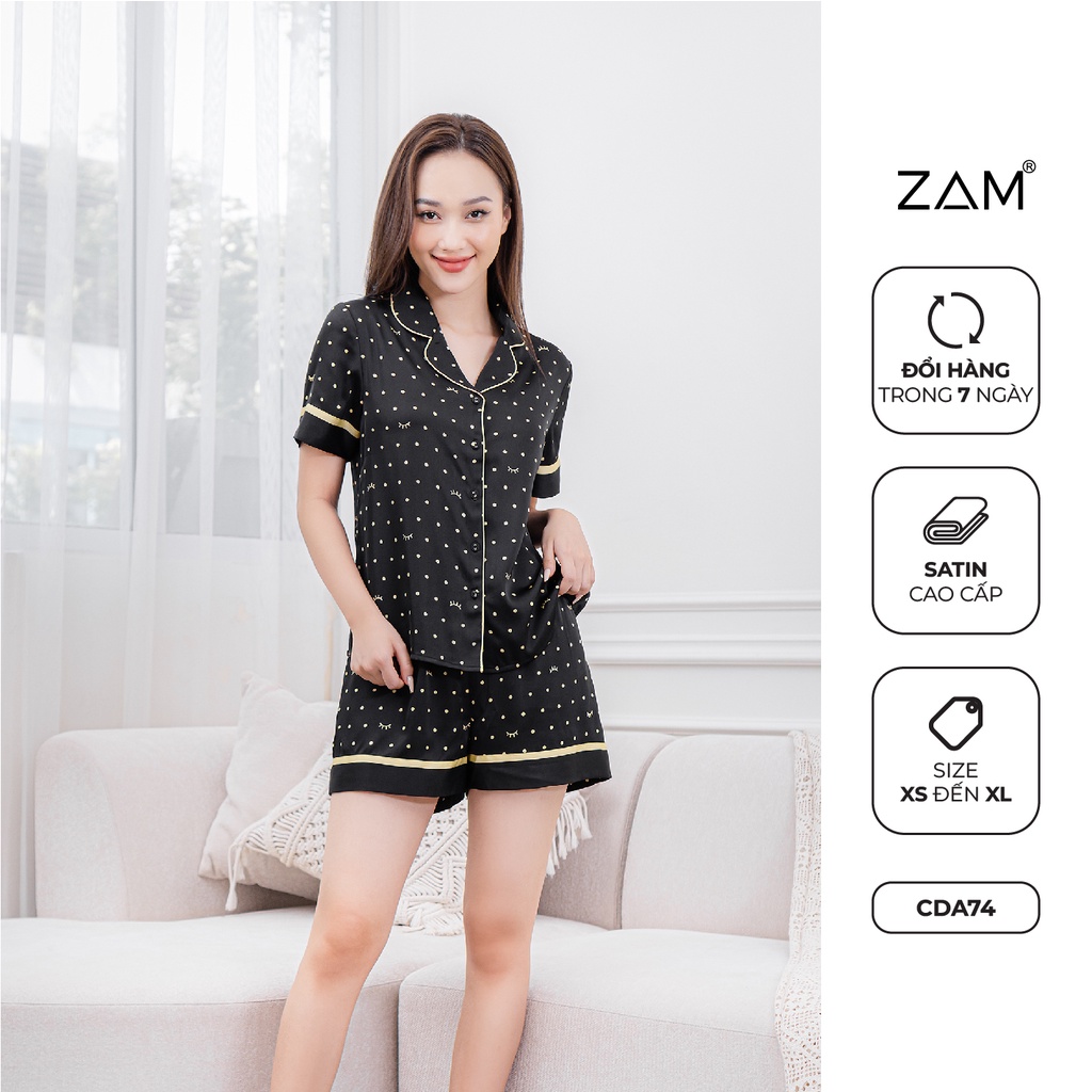 Bộ ngủ satin ZAM Luxury - CDA74 - áo ngắn tay quần đùi họa tiết