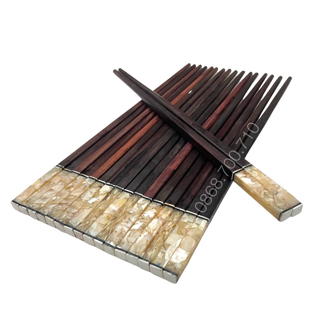 Đũa ăn gỗ Cẩm lai ta cao cấp đầu vuông gắn trai biển trắng - bộ 10 đôi