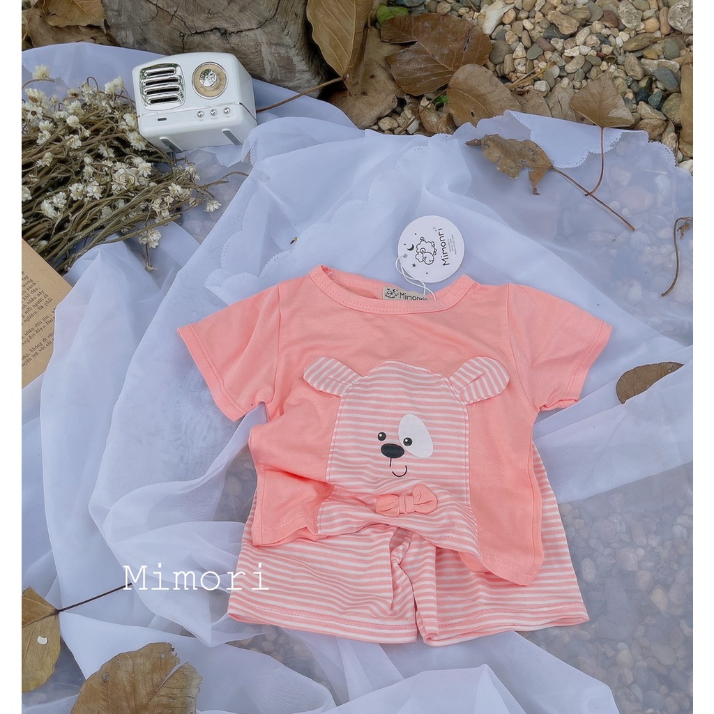 [SALE] Bộ Cộc Tay Cho Bé Trai, Bé Gái KIMCHIBABY Vải Thun Lạnh Gấu Kẻ Đính Nơ, Đồ Bộ Cho Bé Mặc Nhà KW2212