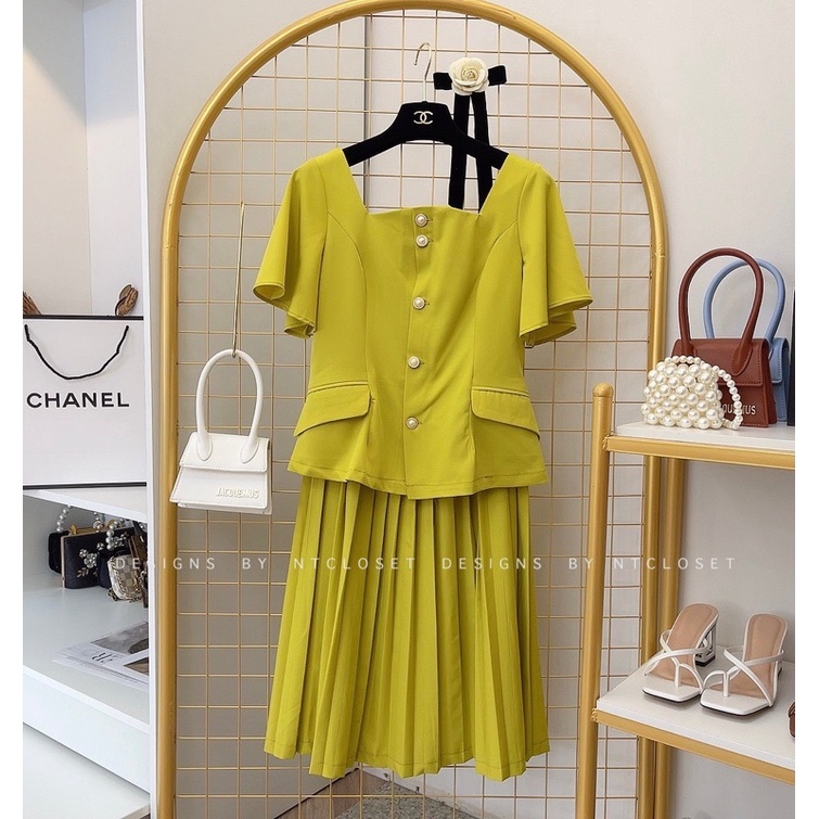 Set áo sơ mi khuy ngọc mix chân váy midi dập ly nt closet