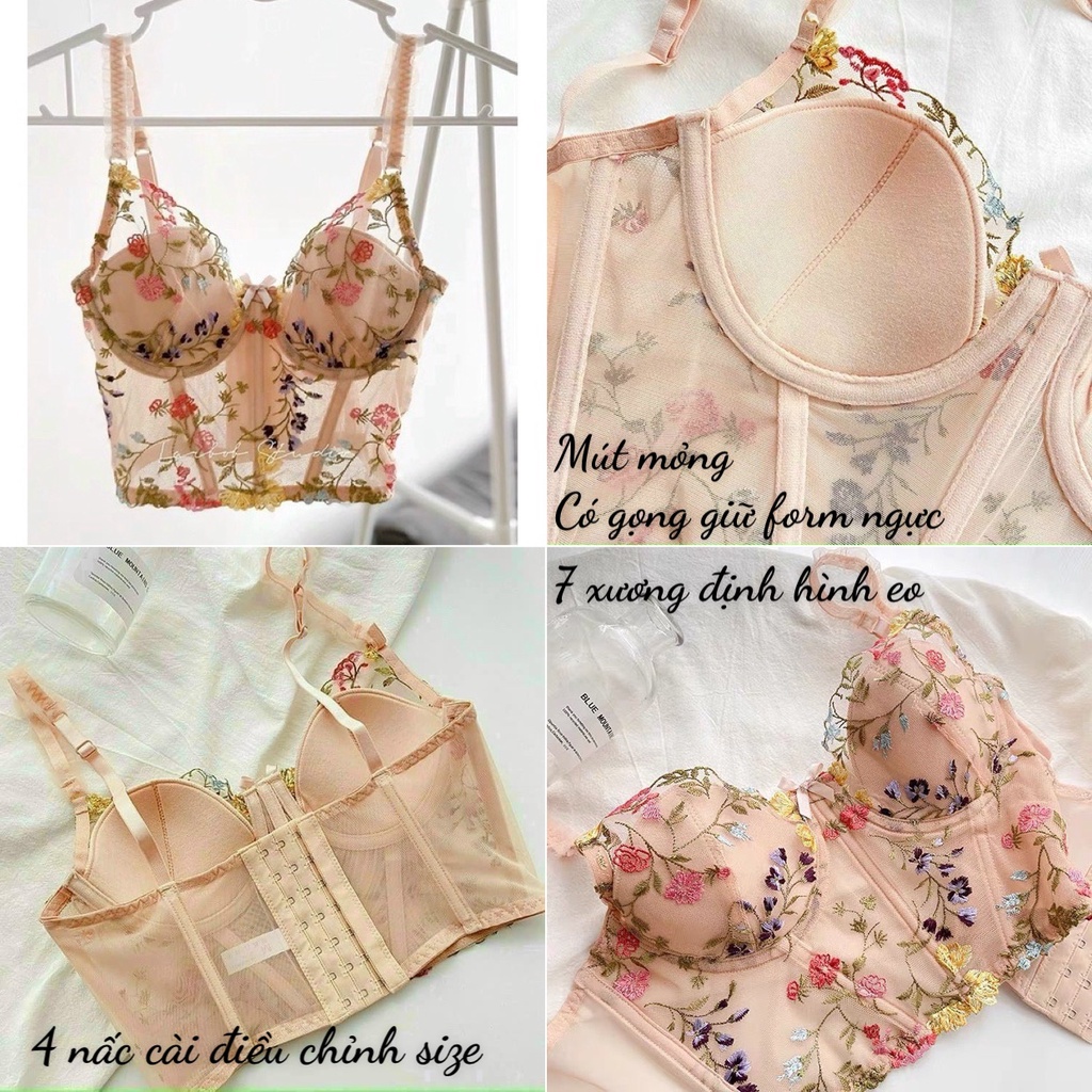 Áo bra ren corset vintage thêu hoa có gọng mút mỏng sexy