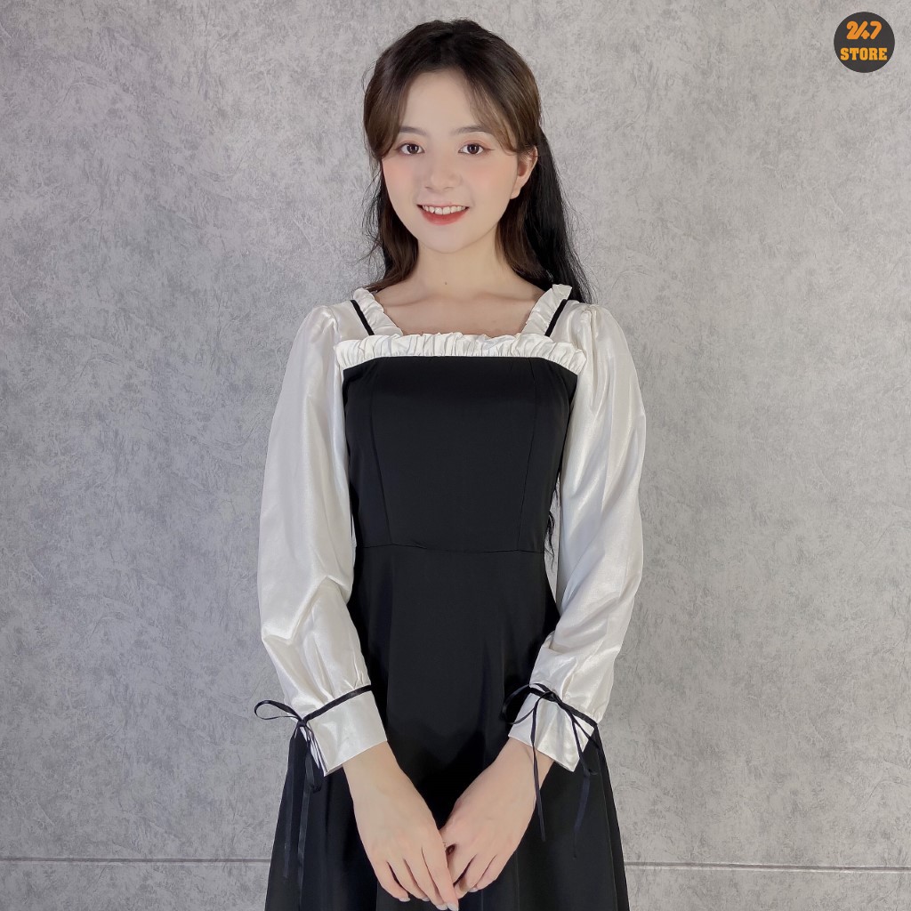 Váy công sở nữ phối nơ tay trắng viển ren 247STORE (màu đen), dáng dài, tay bồng, cổ vuông, vải trượt hàn | BigBuy360 - bigbuy360.vn