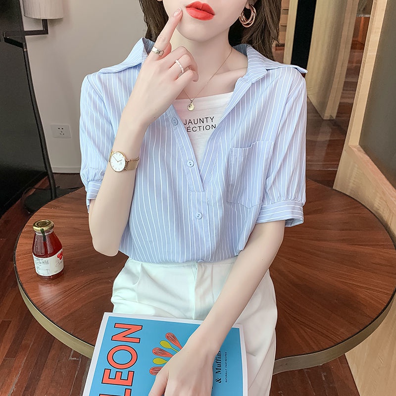 Áo Sơ Mi chiffon Ngắn Tay Cổ Chữ v Họa Tiết Kẻ Sọc Thời Trang Xu Hướng Mùa Hè Mới Cho Nữ