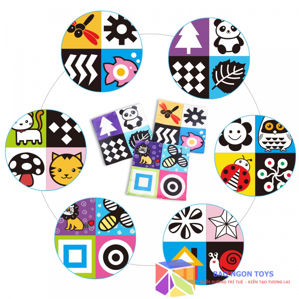 TRANH VẢI TRẮNG ĐEN, ĐA MÀU SẮC GIÚP KÍCH THÍCH THỊ GIÁC VÀ VẬN ĐỘNG TINH CHO BÉ TỪ 0 THÁNG - BAO NGON TOYS