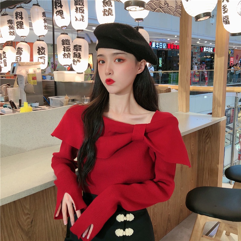 Áo len nơ cổ trễ vai sexy dáng ôm thời trang hàn quốc