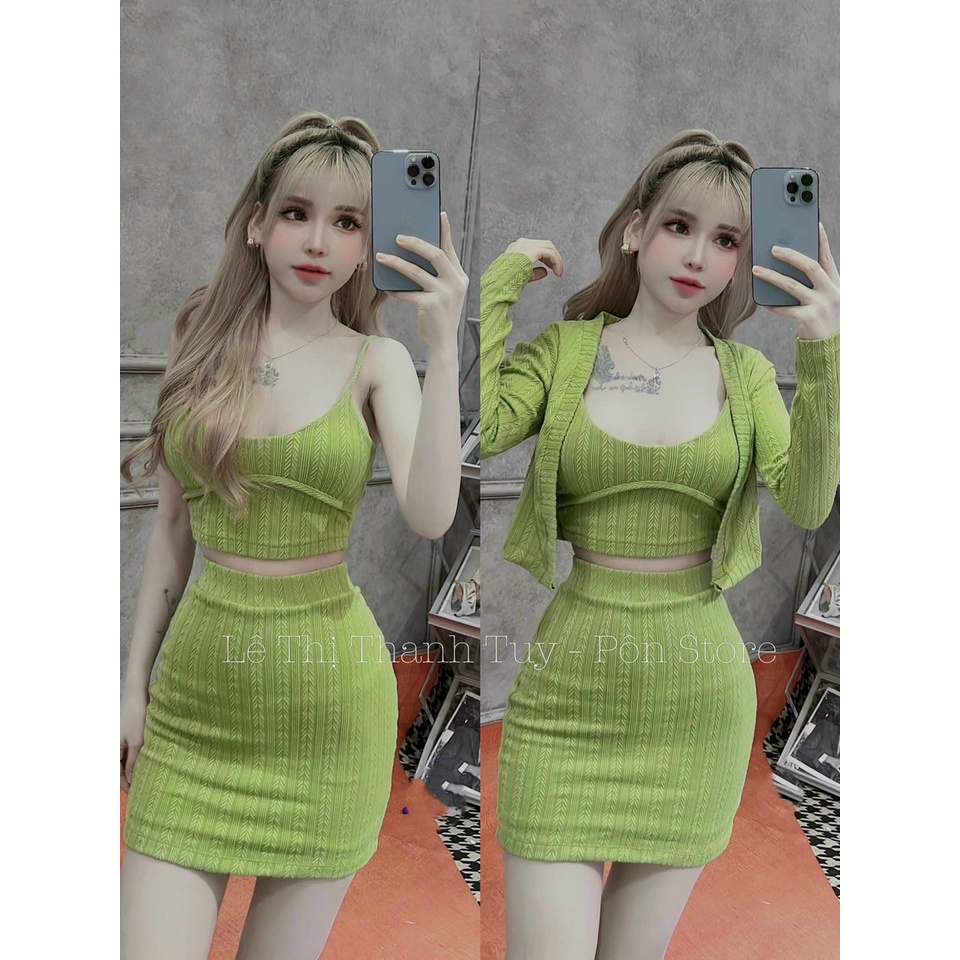Set bộ đồ nữ áo 2 dây mix chân váy body kèm áo khoác tay dài cùng tone màu siêu xinh xắn, quyến rũ dành cho các nàng yêu