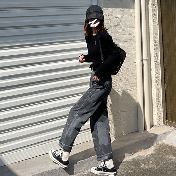 Quần Jean Dài Lưng Cao Dáng Suông Rộng Màu Đen Có Size Lớn