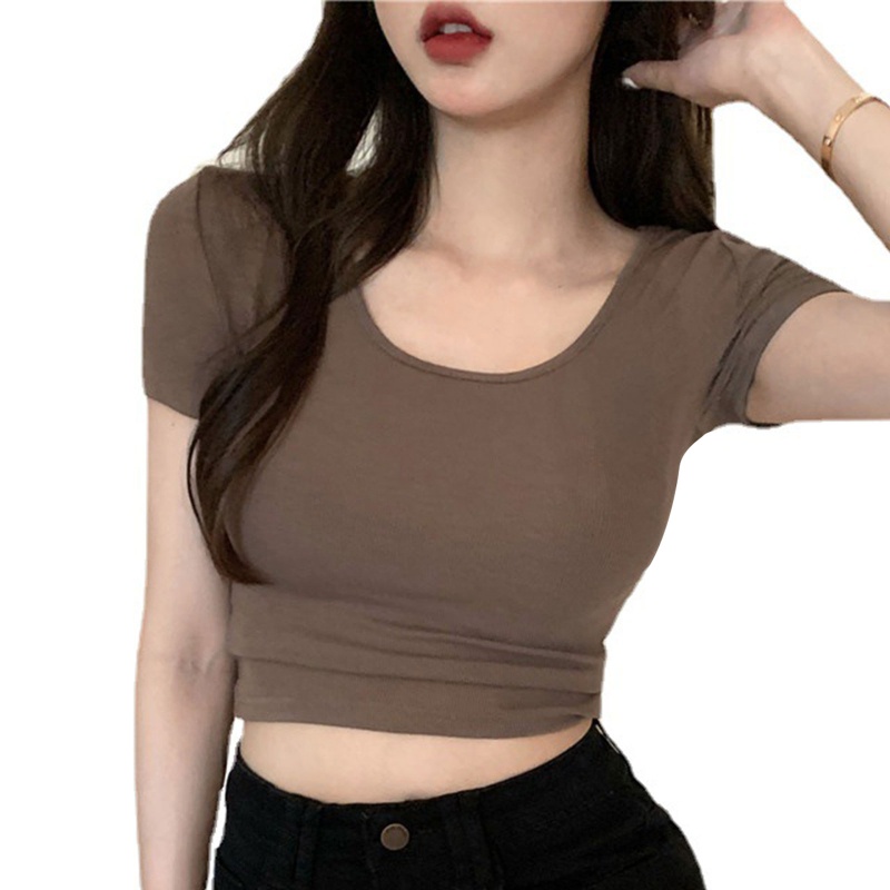 Áo Thun Ôm Tay Ngắn Cổ Khoét Sâu Màu Sắc Trơn Quyến Rũ Dành Cho Nữ