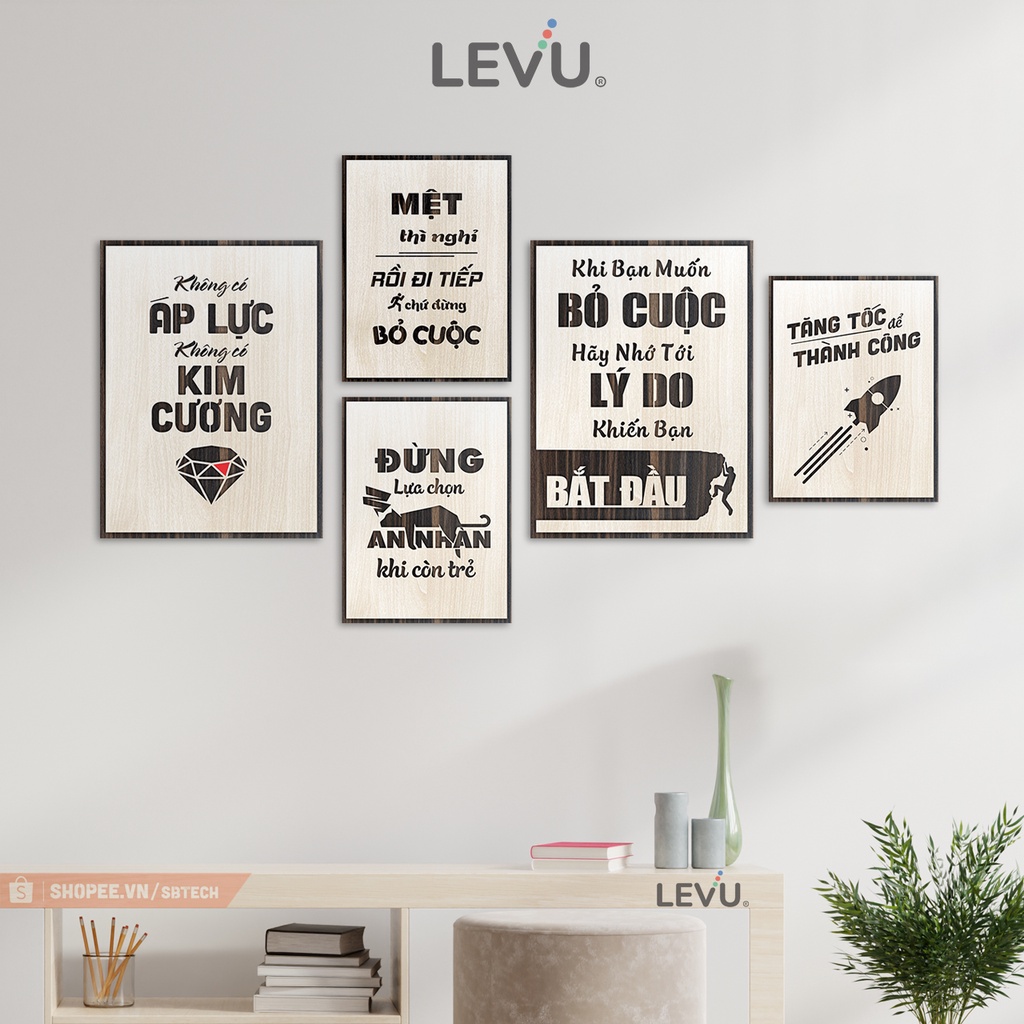 Bộ tranh tạo động lực 5 tấm treo tường bằng gỗ bố cục đẹp đơn giản SB5