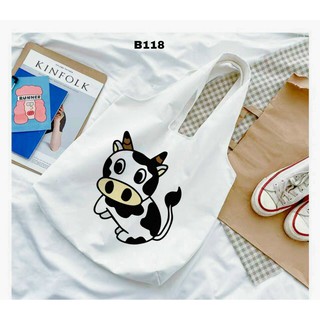 Túi tote vải canvas quai tròn in hình bò sữa có khóa miệng túi