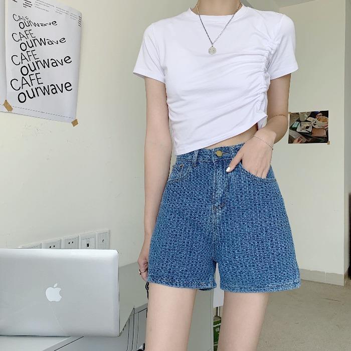 Quần short denim lưng cao ống rộng thiết kế thời trang mùa hè phong cách Hàn Quốc cho nữ