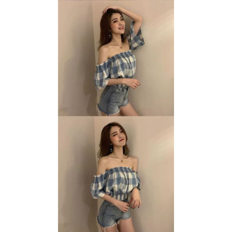 Áo trễ vai kẻ hàng taobao