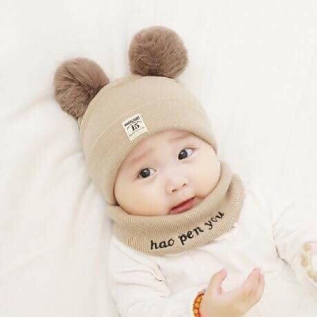 🎄SET Mũ quả bông + khăn ống xinh yêu cho bé từ 3 tháng đến 3 tuổi