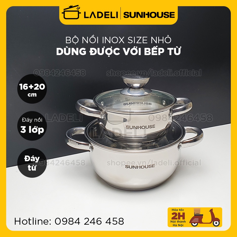 Bộ 2 nồi inox 3 đáy SUNHOUSE size 16+20cm dùng được với bếp từ | LADELI - CBNLI101