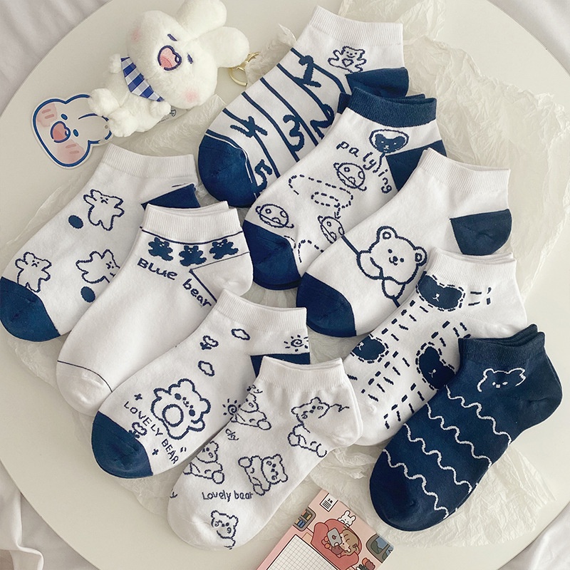 Tất nữ cổ ngắn gấu xanh phong cách Hàn Quốc chất liệu cotton thoáng mát - Youmei T073