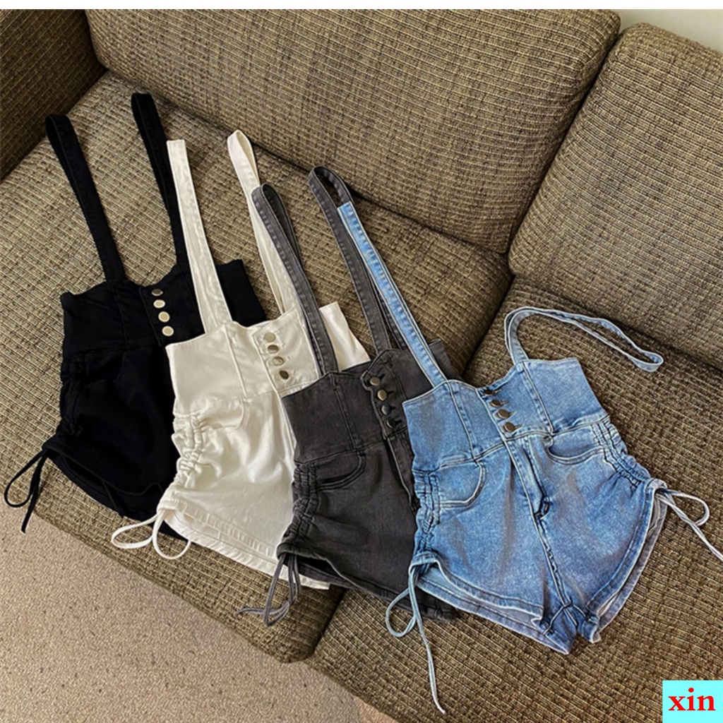 Quần Yếm Denim Ngắn Ống Rộng Lưng Cao Co Giãn Thời Trang Mùa Hè Hàng Mới Dành Cho Bạn Nữ 2022