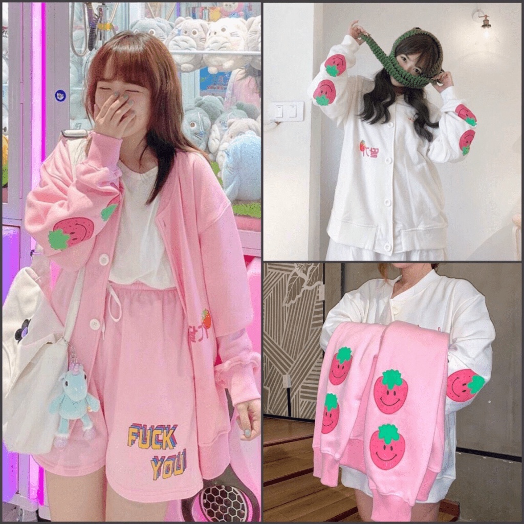 Áo khoác cadigan thun nỉ ngoại phối hình dâu tây cực xinh cực đẹp bánh bèo cute TP [NewUnisex]