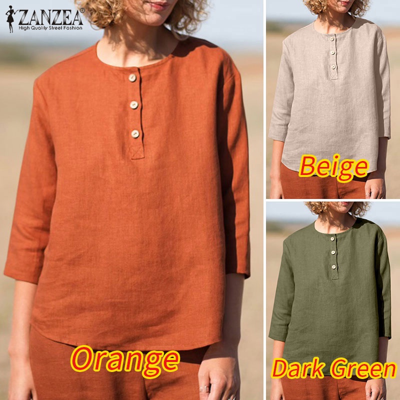 ZANZEA Áo Sơ Mi Nữ Tay 3 / 4 Vải Cotton Màu Trơn Thời Trang
