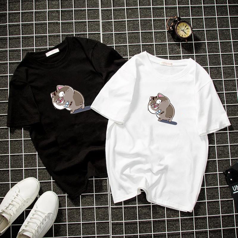 Áo thun unisex form rộng in mèo bụng bự chibi dễ thương vải dày mịn 2019T1121