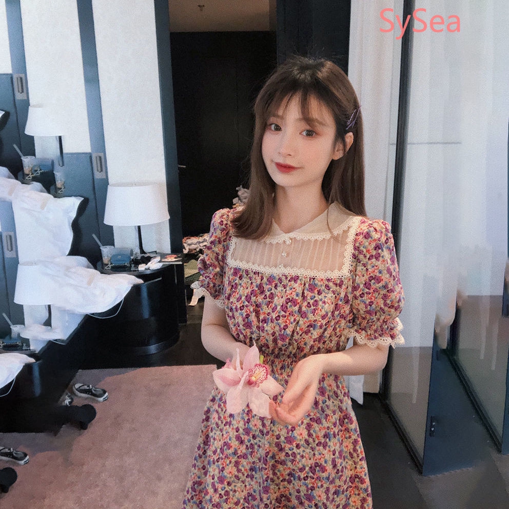 Đầm midi in hoa phối ren phong cách retro mùa hè cho nữ