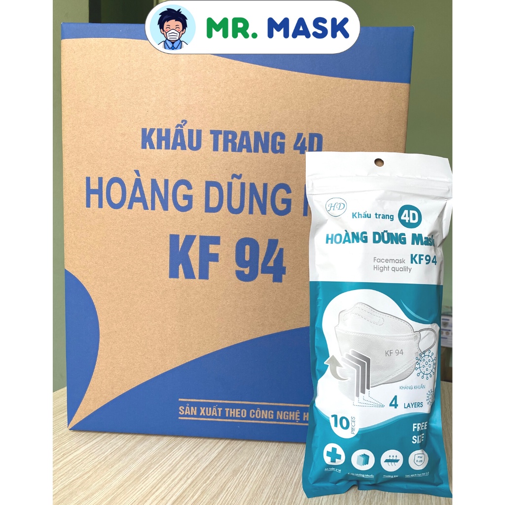 Khẩu Trang Y Tế 4D KF94 Hoàng Dũng Mask, 4 Lớp Kháng Khuẩn, Sản Xuất Theo Công Nghệ Hàn Quốc, 10 Chiếc/Túi