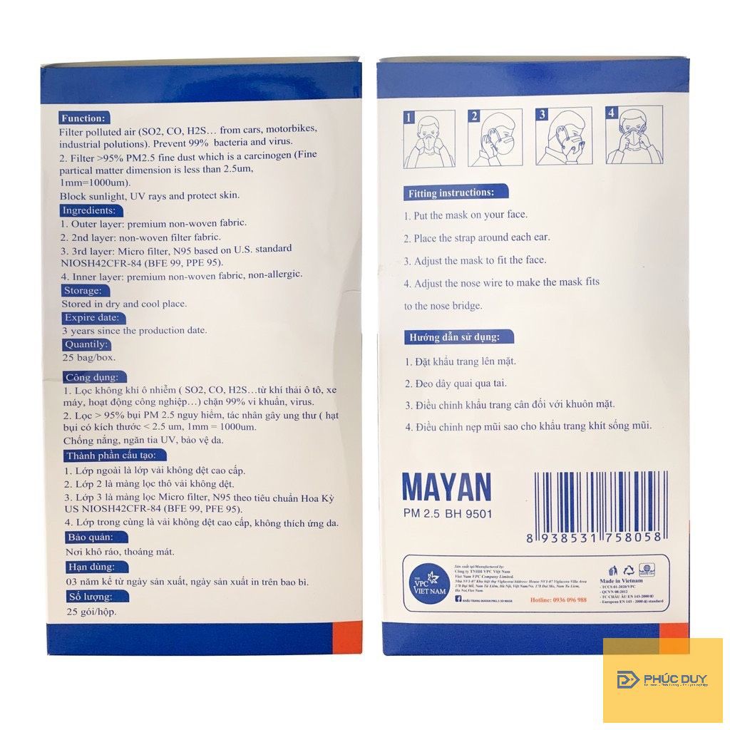 Khẩu Trang Mayan BH9501 Chuẩn N95 Ngăn Vi Khuẩn 99%, Lọc Bụi 95% PM2.5 - 2 CÁI