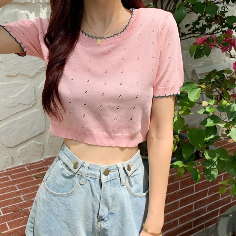 Áo Croptop Dệt Kim Tay Ngắn Cổ Tròn Phối Màu Phong Cách Hàn Quốc Thời Trang Cho Nữ