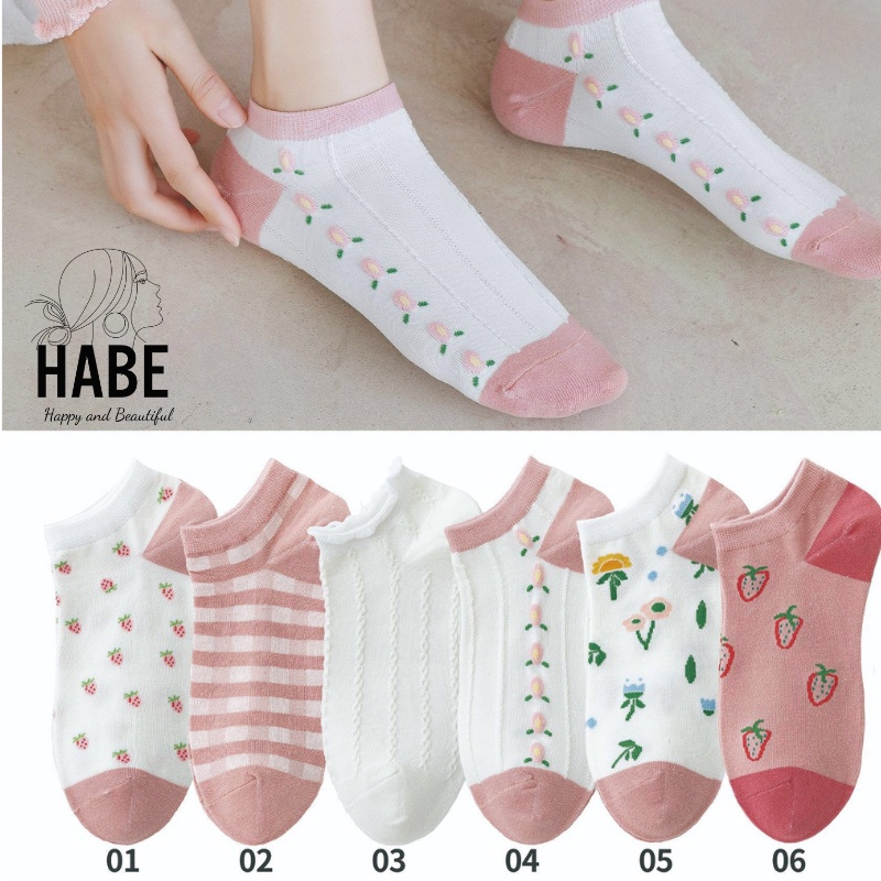Set 6 đôi tất vớ nữ cotton Hàn Quốc cổ ngắn khử mùi thông hơi hoạ tiết cute dễ thương HABE TV02