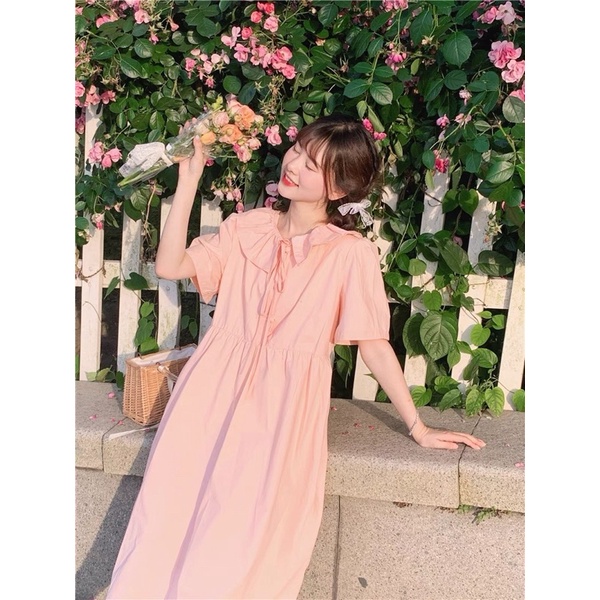 Váy babydoll dáng dài cổ chiếc lá cách điệu thắt nơ pastel dễ thương ulzzang Hàn Quốc [Yannie]