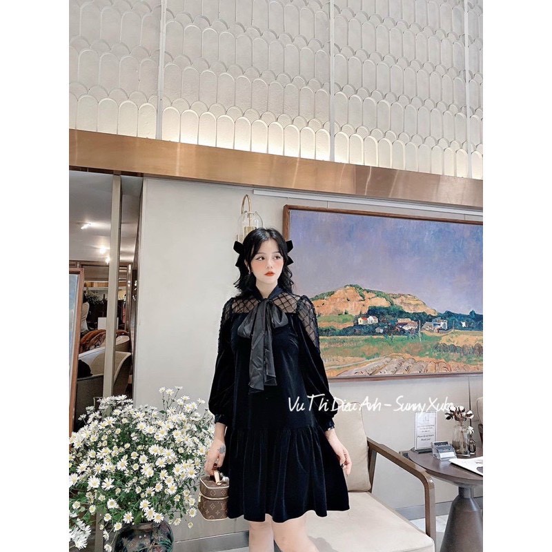 Váy đầm bầu bigsize chất nhung thiết kế nơ cổ tay ren LỠ mềm mại cho mẹ bầu từ 50kg đến 75kg